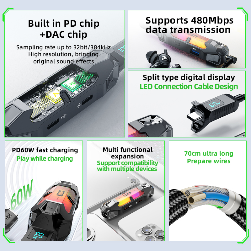 وصله بيفا X41 RGB الاصدار الجديد شحن 60 واط سماعه ابره 3.5mm سماعه تايب سي PIVA ADAPTER