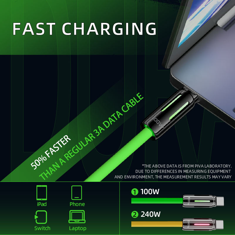 كابل شحن سريع Piva بطول 1.5 متر بضوء RGB متوهج، من النوع C بقدرة 5 أمبير وPD240W، من السيليكون الأصفر، من النحاس النقي، متوافق مع الكمبيوتر المحمول