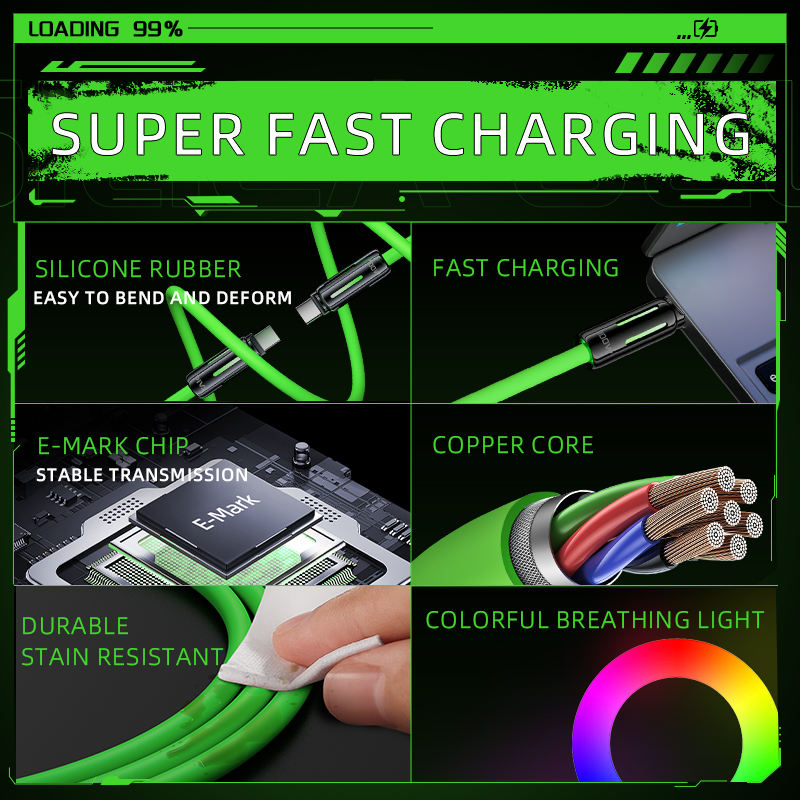 كابل شحن سريع Piva بطول 1.5 متر بضوء RGB متوهج، من النوع C بقدرة 5 أمبير وPD240W، من السيليكون الأصفر، من النحاس النقي، متوافق مع الكمبيوتر المحمول