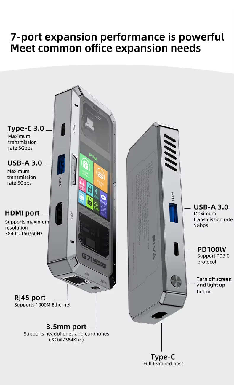 وصله ادابتر G71 من بيفا 7 منافذ بشاشه معلومات وكيبل قابل للتغيير PIVA G71 7 in 1 وصله ادابتر G71 من بيفا 7 منافذ بشاشه معلومات وكيبل قابل للتغيير PIVA G71 7 in 1